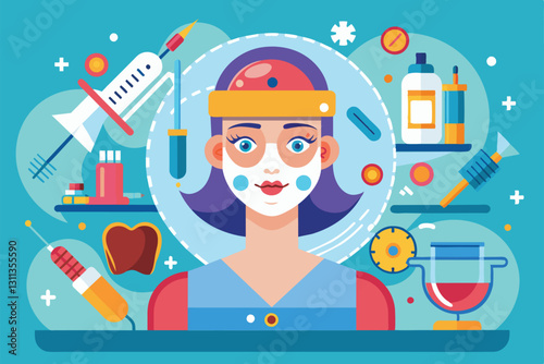 A flat illustration showcases a patient ready for customizable plastic surgery with various tools around, Plastic surgery Customizable Flat Illustration