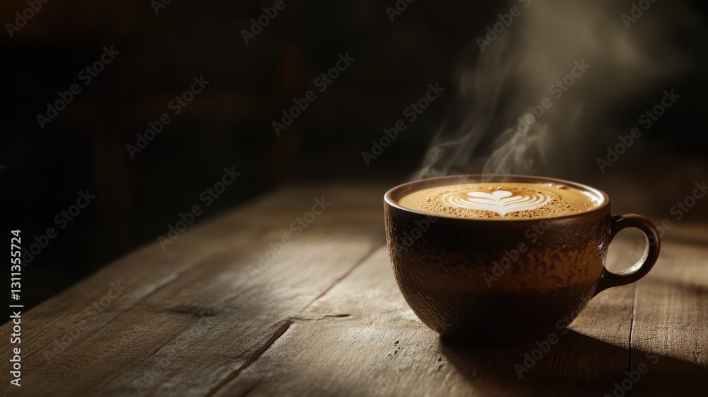 Steaming coffee with heart design sits on a wooden table