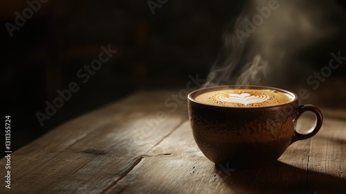 Steaming coffee with heart design sits on a wooden table