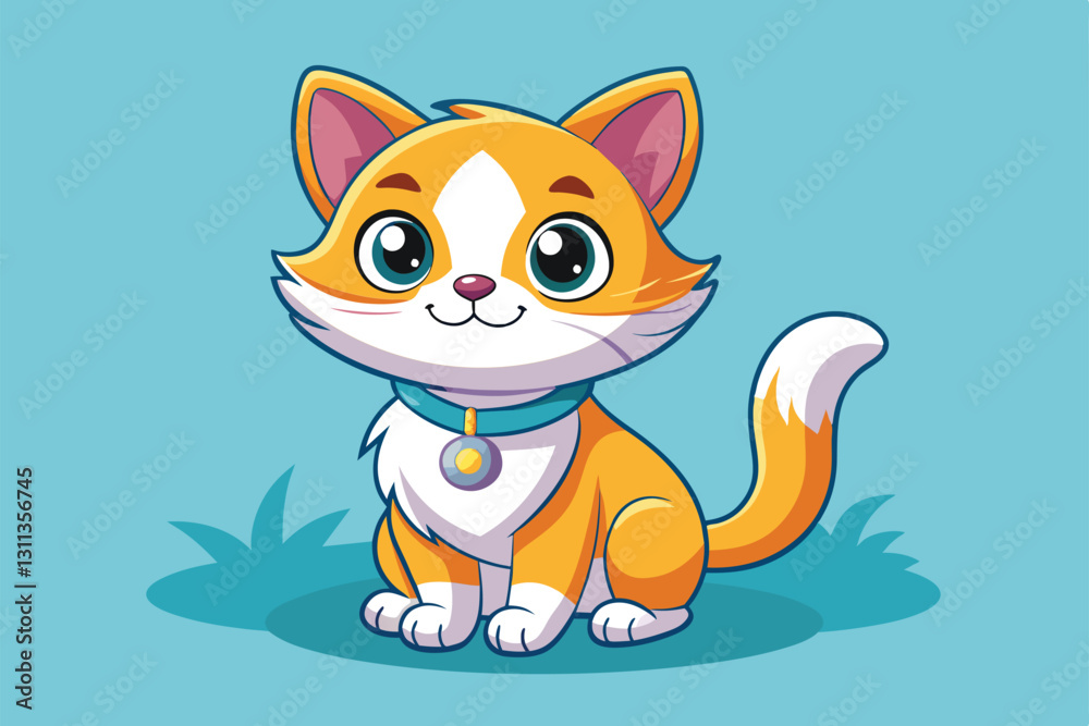 A cute orange and white cartoon cat with big eyes sits happily on green grass in a vibrant background, Playful cat Customizable Cartoon Illustration A cute orange and white cartoon cat with big eyes sits happily on green grass in a vibrant background, Playful cat Customizable Cartoon Illustration