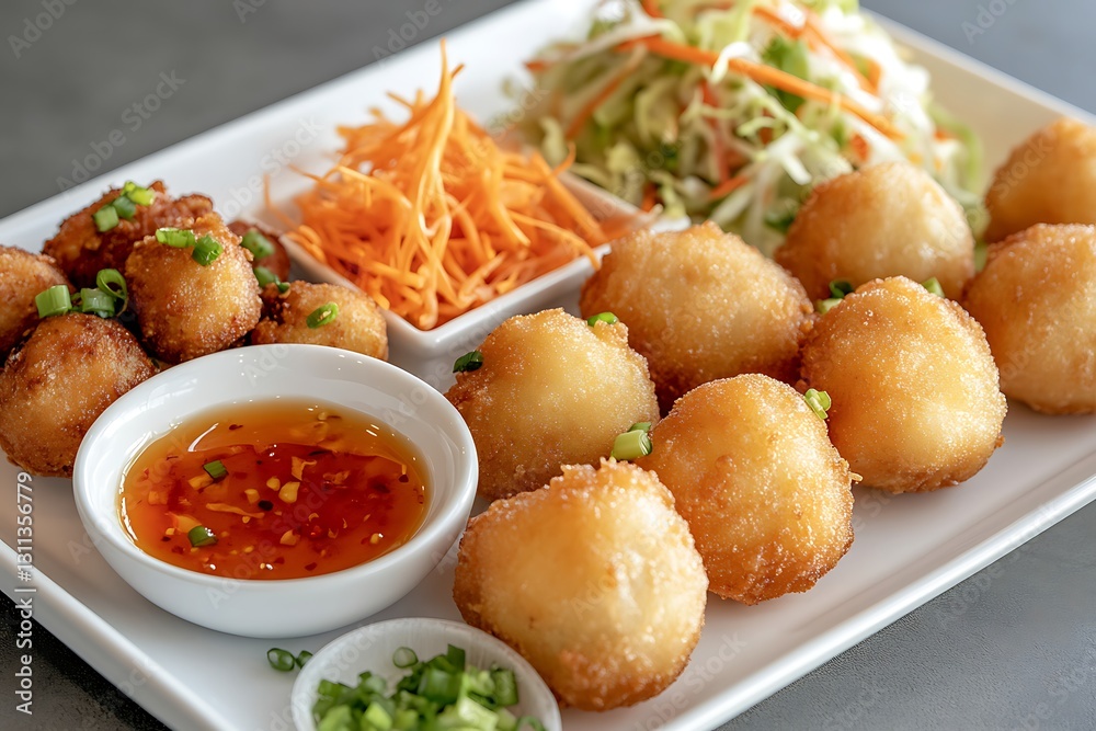An assortment of Asian-inspired dishes is presented on a rectangular white platter