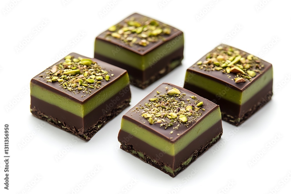Obraz premium Four chocolate-covered matcha squares are displayed on a white background