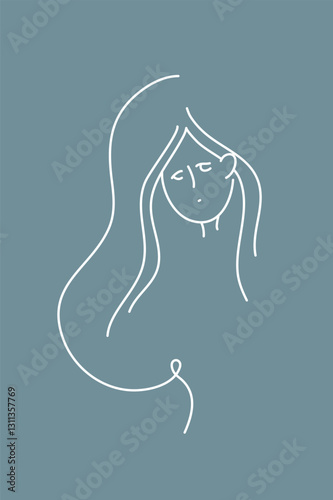 Young sad girl face vector line art. Editable outline portrait. Upset woman hand drawn. Negative emotions problem. Lush hairstyle. Cute contour image for design fashion cloth print, advertisng banner