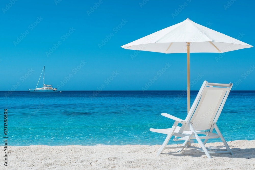 A serene beach scene featuring a white lounge chair and umbrella by the ocean A serene beach scene featuring a white lounge chair and umbrella by the ocean