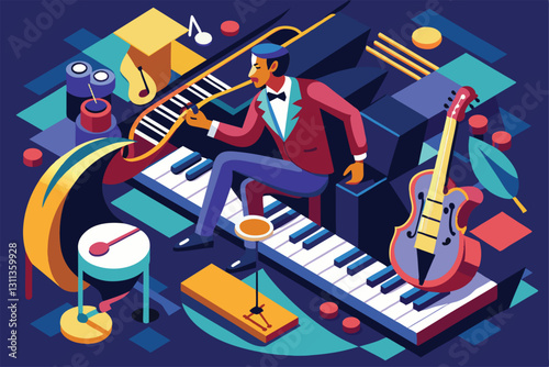 A musician passionately plays jazz on a piano, surrounded by various instruments and colorful musical notes, Playing jazz Customizable Isometric Illustration