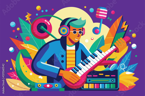 A person plays music with a keyboard while surrounded by lively colors and musical elements, Playing music Customizable Disproportionate Illustration