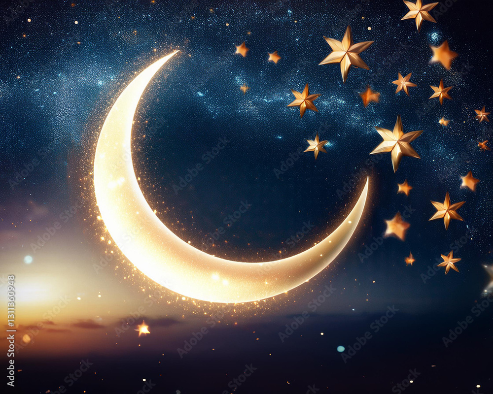 Naklejka premium Stars and a crescent moon signifying the beginning of Ramadan