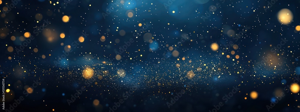 Festive bokeh and glowing gold particles set against a dark blue abstract scene. Festive bokeh and glowing gold particles set against a dark blue abstract scene.