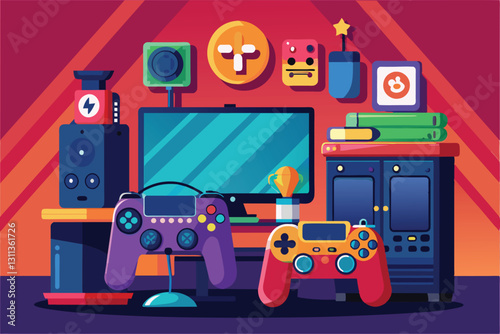 A gaming corner displays controllers, a monitor, and accessories against a bright background, Playing station