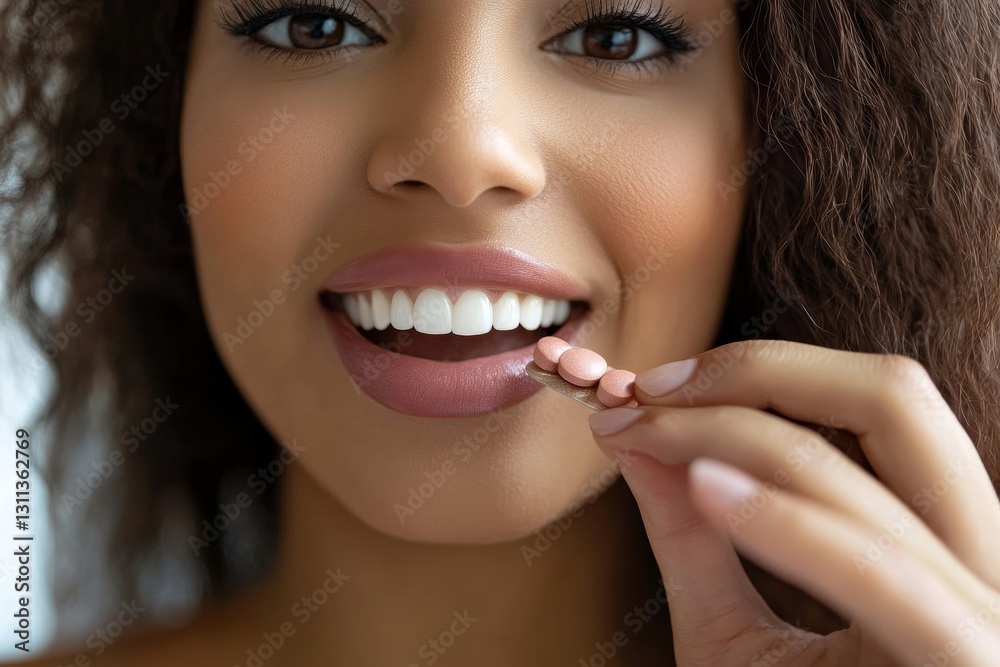 Woman Taking Pink Oral Tablets Healthy Smile Beautiful Teeth Care girl face lips skin pills happy Woman Taking Pink Oral Tablets Healthy Smile Beautiful Teeth Care girl face lips skin pills happy