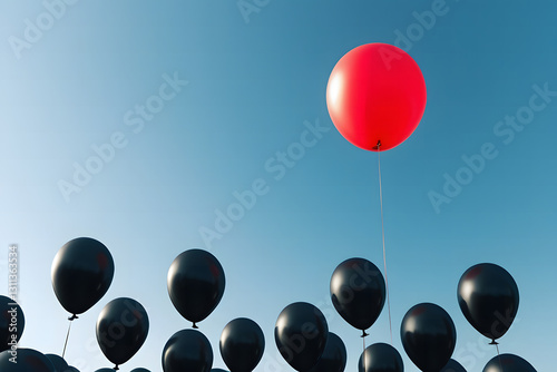 Red Balloon Standing Out Among Black Balloons – Unique, Leadership, and Individuality Concept