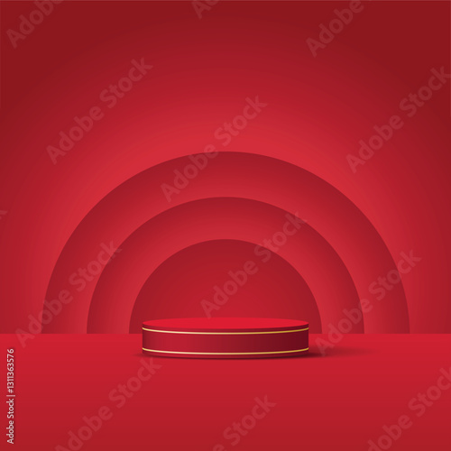 Red and dark red cylinder pedestal podium with gold strip on it.  multiple arch window background. Abstract vector rendering 3d shape. Pastel minimal scene for product display, Stage showcase