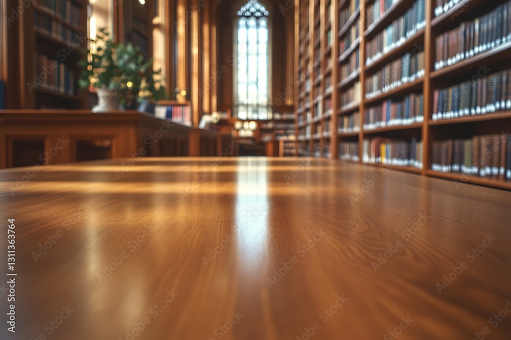 Fototapeta premium The image presents a tranquil library setting with a focus on a polished wooden desk in the foreground