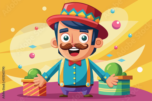 A joyful cartoon character stands with a big smile, surrounded by colorful presents and playful decorations, Pleasant surprise Customizable Cartoon Illustration