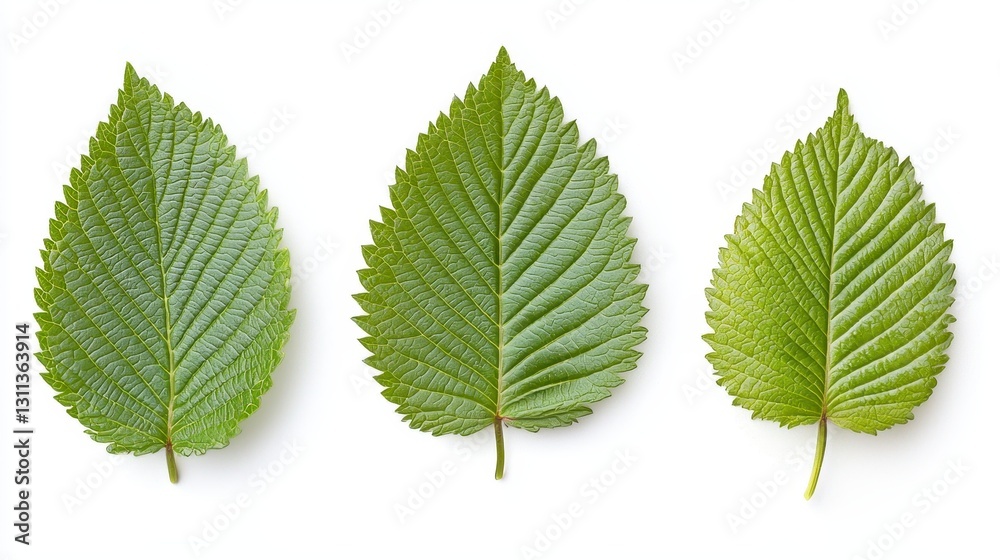 Trio of green leaves isolated on white background displaying their unique shapes and lush green color in detail Trio of green leaves isolated on white background displaying their unique shapes and lush green color in detail