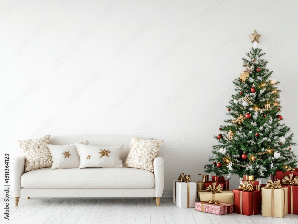 Minimalist Christmas living room with sofa, tree, and gifts.