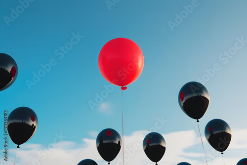 Red Balloon floating in the sky with Black Balloons – Unique, Leadership, and Individuality Concept