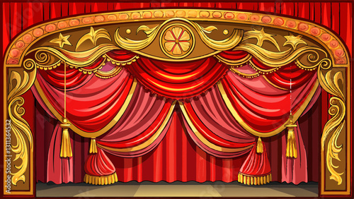 Vintage red theatre curtain with intricate gold detailing , retro, stage, old-fashioned, elegant, drapes, classic