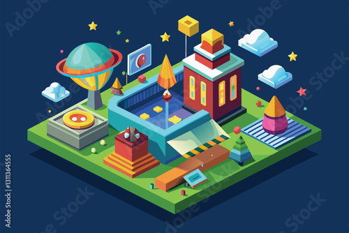 A vibrant isometric landscape showcases various geometric structures amidst colorful dÃ©cor and playful features, Pleasant surprise Customizable Isometric Illustration