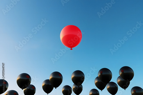 Red Balloon flying in the sky with Black Balloons – Unique, Leadership, and Individuality Concept