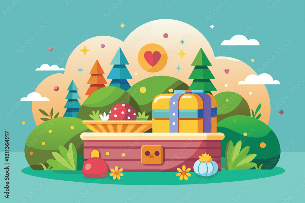 Naklejka premium A pleasing display of gifts and nature elements in a colorful setting that evokes joy and creativity, Pleasant surprise Customizable Semi Flat Illustration
