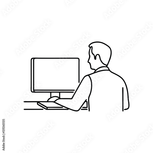 Businessman focused on his work at a computer line art flat vector illustration