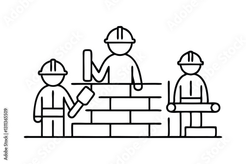 Construction workers collaborating on-site, highlighting their roles in the building process. line art flat vector illustration