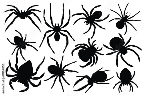  Spider silhouettes set isolated flat vector illustration on white background.
