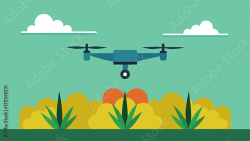 Weed Detection A drone is flying low over a field with highlighted sections showing weeds a crops displaying an efficient identification system.