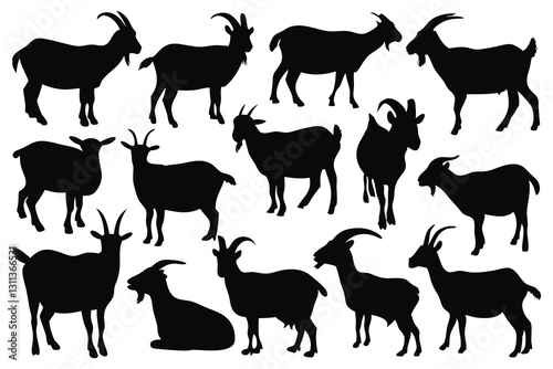 Various goat silhouettes set isolated flat vector illustration on white background.