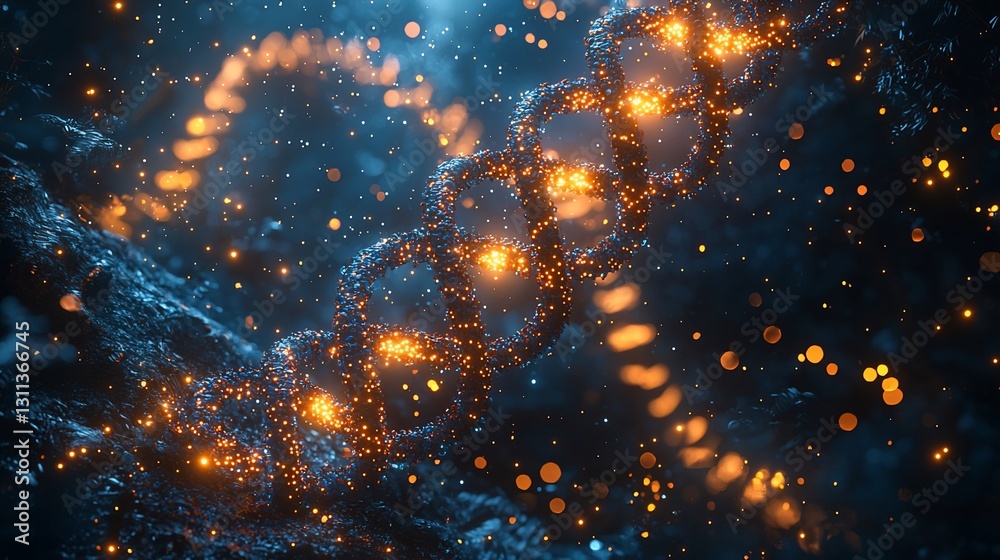 Abstract representation of glowing DNA strands intertwined in a cosmic environment with particles Abstract representation of glowing DNA strands intertwined in a cosmic environment with particles