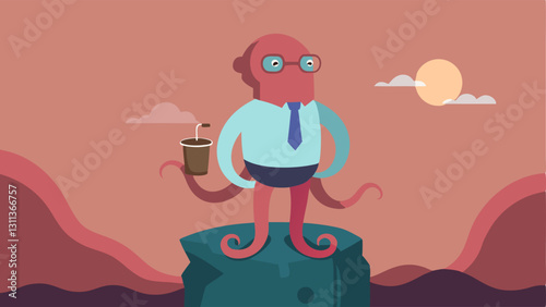 Workday Ready Illustrated in a flat design style the octopus is standing upright on a rocky outcrop dressed in a tiny bow tie. One tentacle confidently grips a leather briefcase