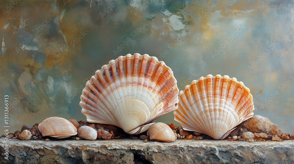 The scallop shell is shown with its distinct ridges and soft, curved shape.
The scallop shell is shown with its distinct ridges and soft, curved shape.