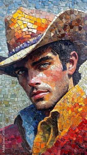Mosaic portrait of a young cowboy in hat.