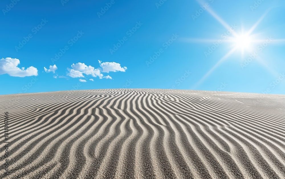 Naklejka premium Sand dune with a ripple pattern, under a hot sun with a horizon, shifting in a summer desert scene