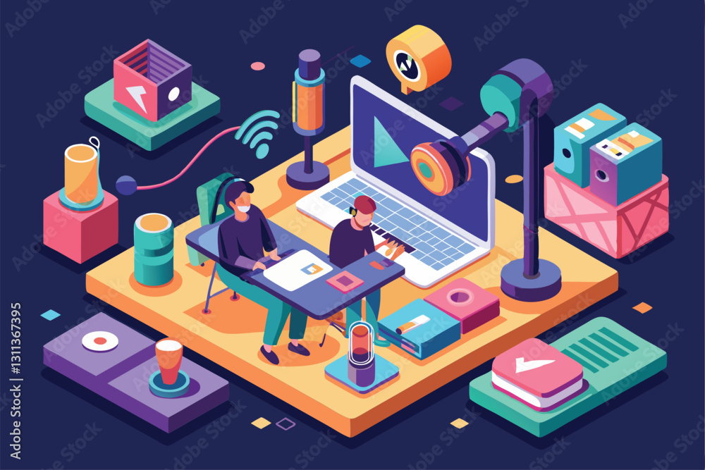 Two people collaborate on a customizable podcast setup, surrounded by colorful equipment and technology, Podcast Customizable Isometric Illustration Two people collaborate on a customizable podcast setup, surrounded by colorful equipment and technology, Podcast Customizable Isometric Illustration