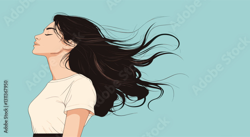 Young woman in profile view with flowing dark hair against teal background, minimalist illustration showing serene expression and hair movement in contemporary graphic style