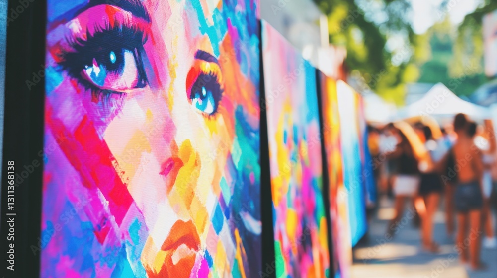 Obraz premium People enjoying a local art festival, admiring vibrant paintings and sculptures displayed outdoors under natural light