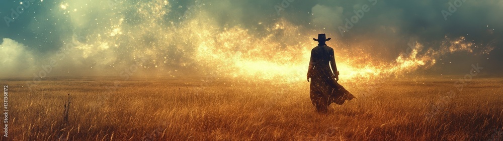 Obraz premium Person walking in fiery grass landscape