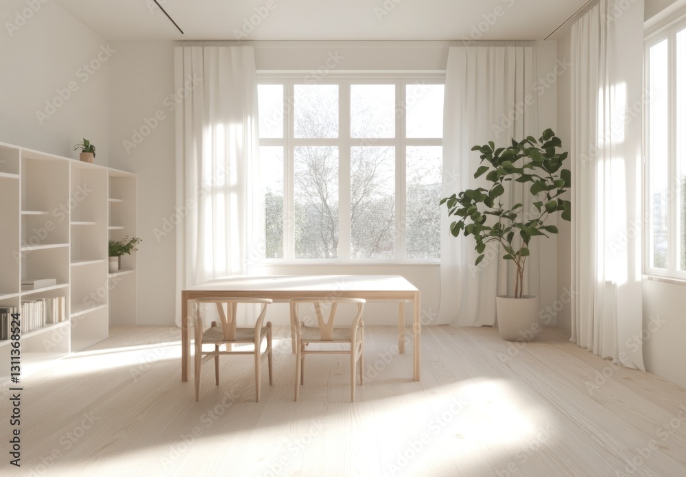 Minimalist dining room with sunlight, wooden table and chairs, and white shelves. Minimalist dining room with sunlight, wooden table and chairs, and white shelves.