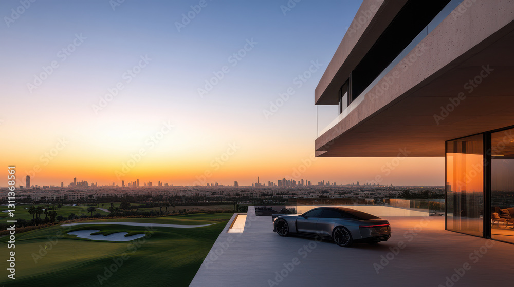 Obraz premium Dubai Luxury Home, Car, Golf Course, Sunset Background
