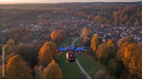 Aerial eVTOL Aircraft Flying Over Suburban Community in Autumn Sunset