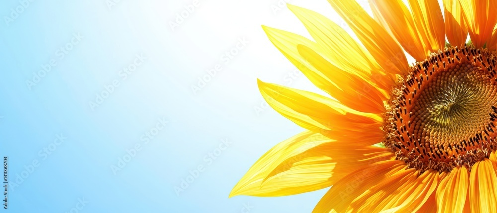 Obraz premium Sunflower field stretching to the horizon, with golden petals swaying under a clear blue sky, in a bright summer landscape