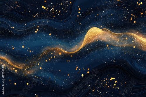 Luminous highlights enrich a deep navy and gold glittering abstract.