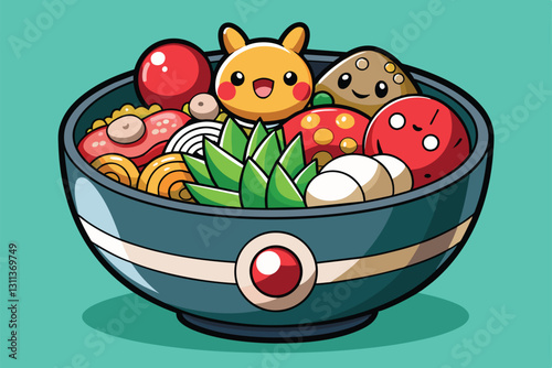 A colorful poke bowl filled with various toppings and cute cartoon characters creating a fun dining experience, Poke bowl Customizable Cartoon Illustration