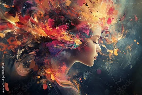 Colorful Abstract Portrait of a Woman with Vibrant Hair Design