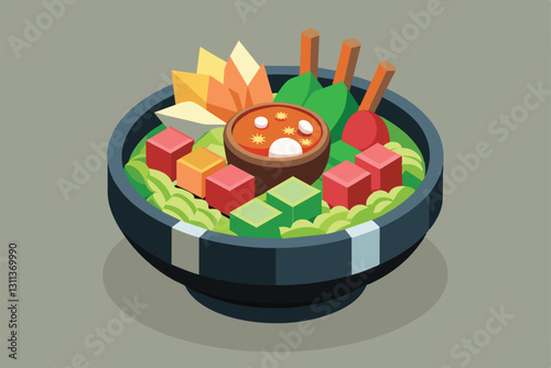 A poke bowl filled with colorful ingredients like vegetables, sauces, and toppings, showcasing customization options, Poke bowl Customizable Isometric Illustration