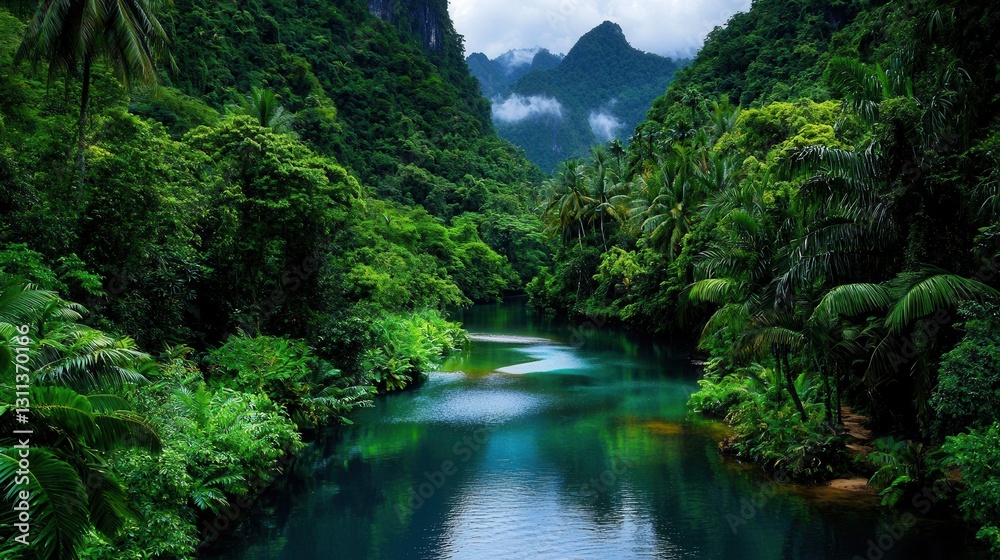 Lush Tropical Jungle with Serene River and Majestic Mountain Backdrop Lush Tropical Jungle with Serene River and Majestic Mountain Backdrop