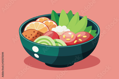 A vibrant poke bowl is filled with fresh vegetables and fruits, showcasing a colorful meal option, Poke bowl Customizable Semi Flat Illustration