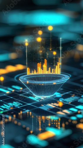 Digital data visualization depicting marketing funnel optimization and business concepts with clear copy space available